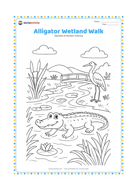 Colouring page: Draw an alligator moving through a wetland with reeds, lily pads, cattails, a heron, and a wooden footbridge. Show a winding stream and textured banks without making the scene frightening.