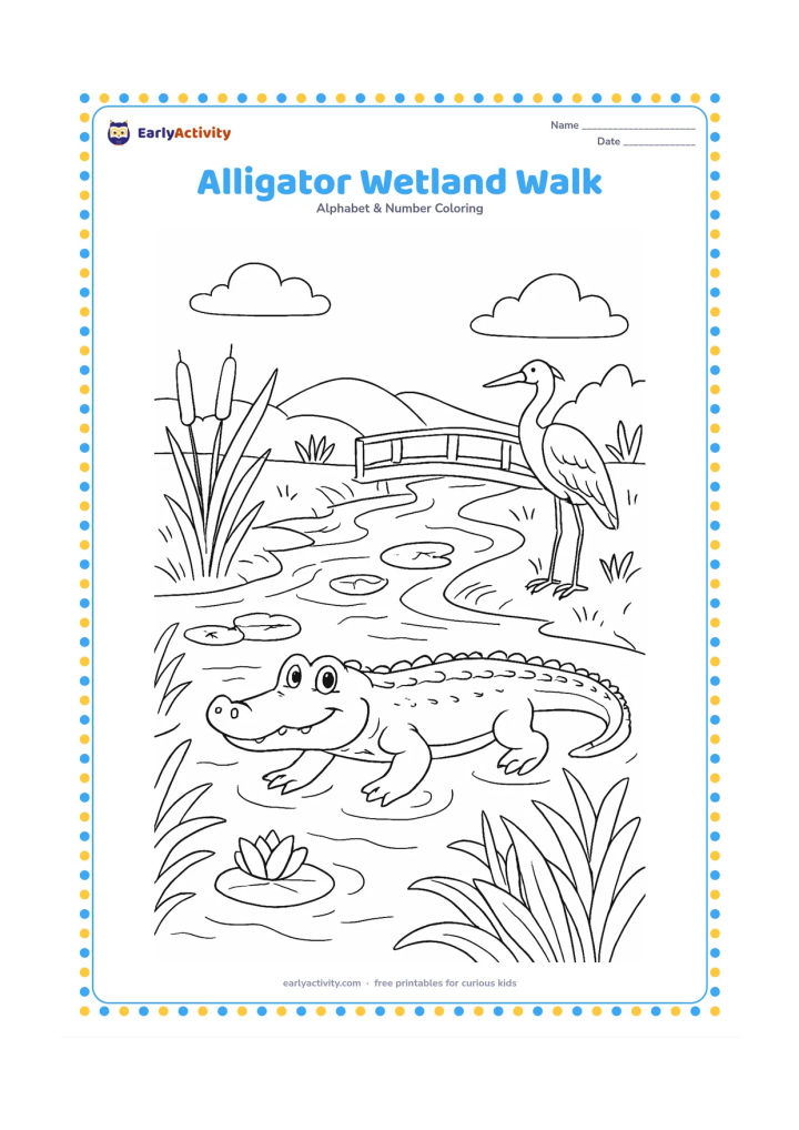 Colouring page: Draw an alligator moving through a wetland with reeds, lily pads, cattails, a heron, and a wooden footbridge. Show a winding stream and textured banks without making the scene frightening.