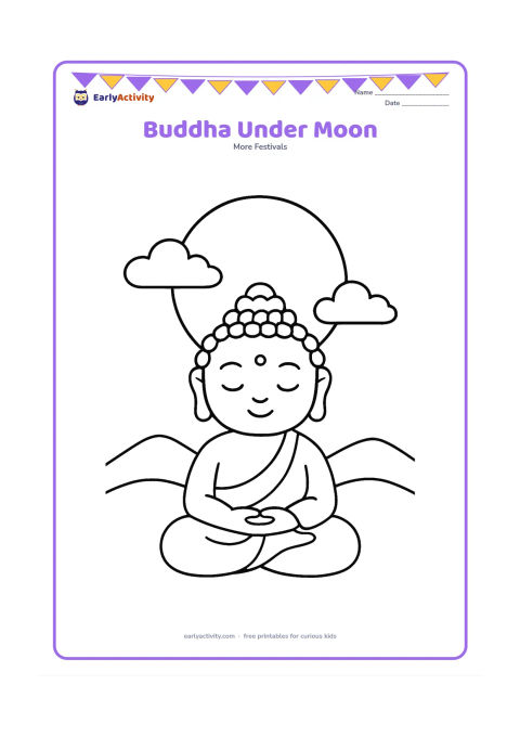 Colouring page: A small seated Buddha beneath a large full moon, with two simple clouds and a low line of hills behind. Leave the moon as a large open circle.