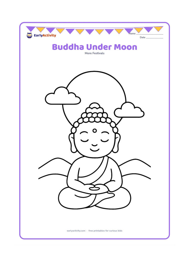 Colouring page: A small seated Buddha beneath a large full moon, with two simple clouds and a low line of hills behind. Leave the moon as a large open circle.