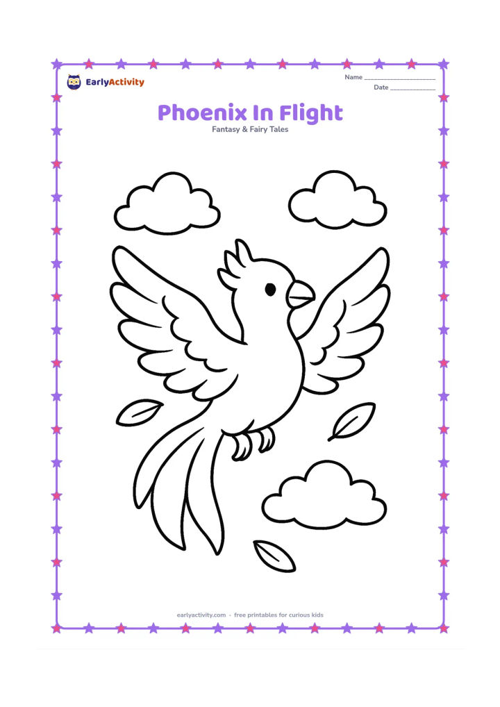 Colouring page: A friendly phoenix flies across an open sky with its wings spread wide, a few clouds and three small feather shapes around it. Leave large open areas for easy colouring.