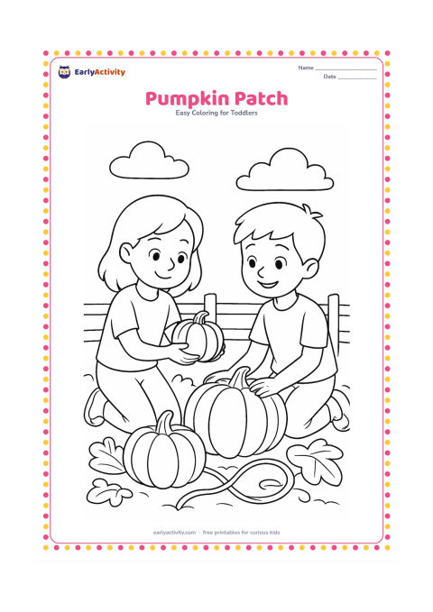 Colouring page: Two children kneel in a pumpkin patch while one child gently lifts a small pumpkin. Include three pumpkins of different sizes, curling vines, broad leaves and a low farm fence.