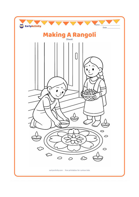 Colouring page: A girl carefully places coloured-powder bowls around a medium-sized rangoli at an Indian home entrance, while her friend watches and holds a flower basket. Include a doorway, steps,…
