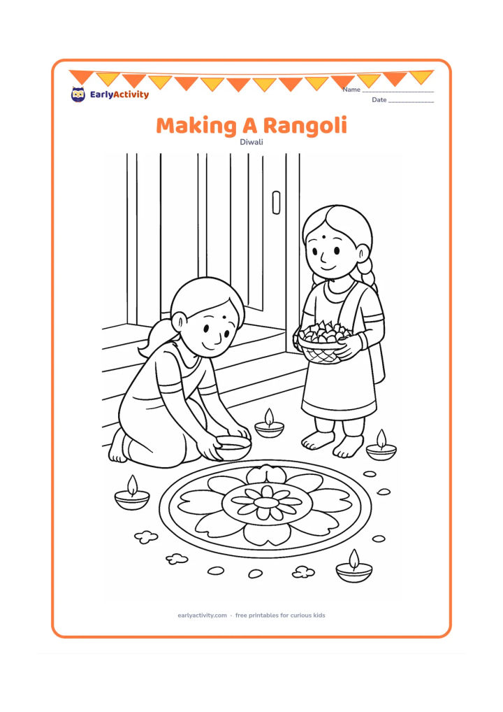 Colouring page: A girl carefully places coloured-powder bowls around a medium-sized rangoli at an Indian home entrance, while her friend watches and holds a flower basket. Include a doorway, steps,…