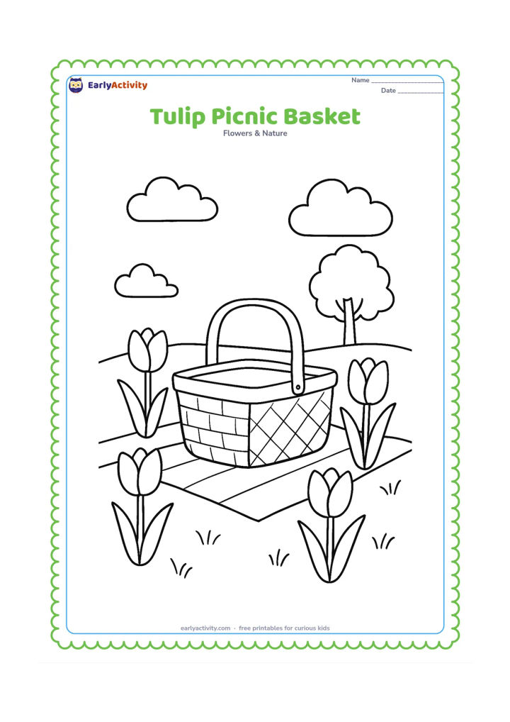 Colouring page: Draw a picnic basket surrounded by a small group of tulips in a grassy park, with a folded blanket, two clouds and a distant tree. Keep the flowers as the main focus.