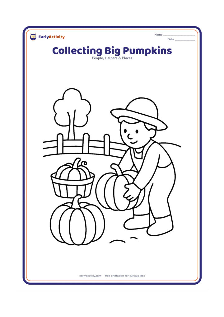 Colouring page: A farmer bends to lift one large pumpkin while two more pumpkins sit in a basket nearby. Place the scene in a small field with a low fence and a simple tree.