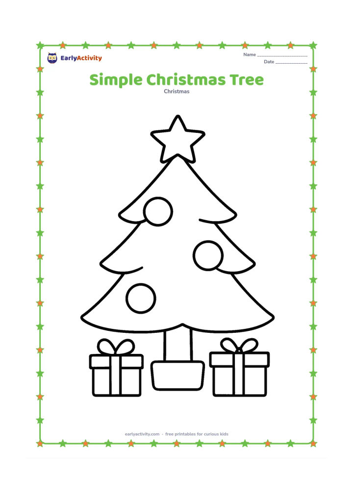 Colouring page: Draw a tall, broad Christmas tree with a star topper, a few large baubles, a plain tree stand and two wrapped gifts beneath it.