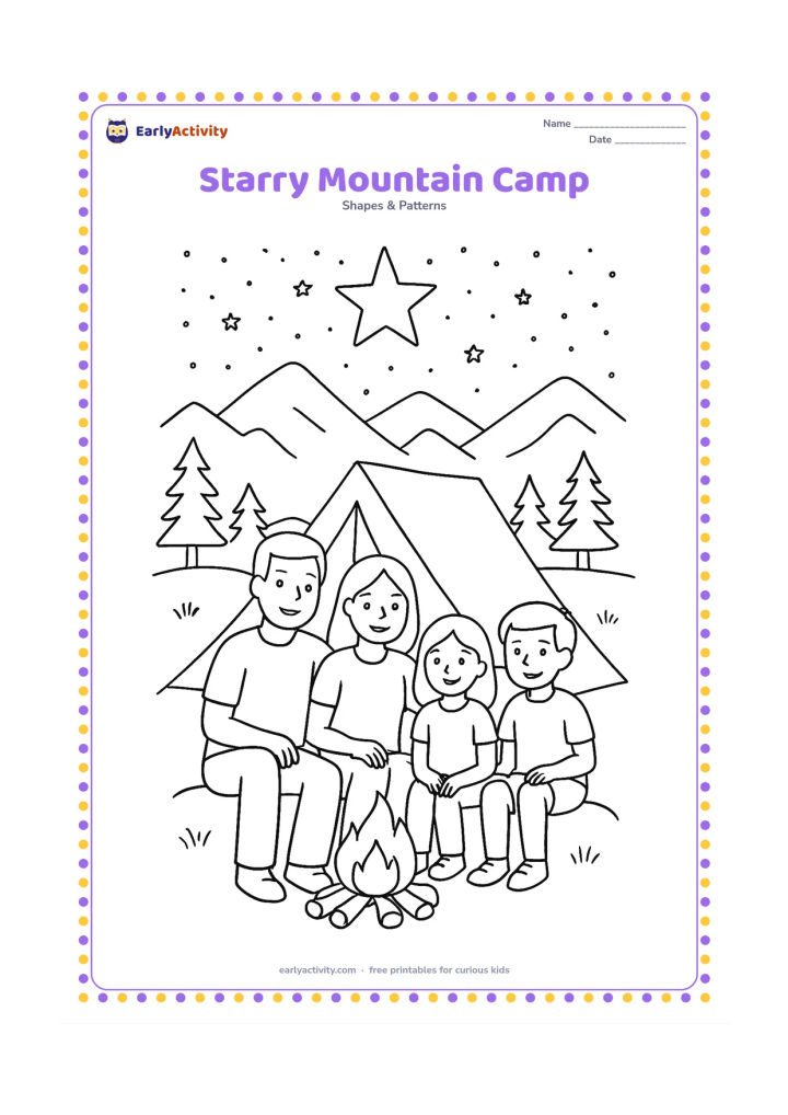 Colouring page: A family sits beside a simple tent and campfire beneath a large five-point star, with layered mountains, pine trees and many widely spaced sky stars.