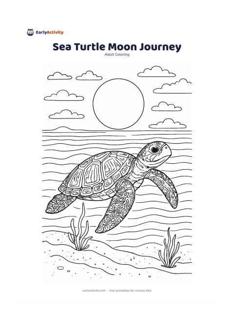 Colouring page: A sea turtle swims beneath a full moon reflected on calm waves, with a quiet sandy shoreline, low clouds and a few floating sea plants. Show the turtle travelling toward the viewer at a…