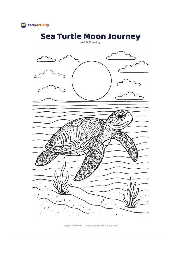 Colouring page: A sea turtle swims beneath a full moon reflected on calm waves, with a quiet sandy shoreline, low clouds and a few floating sea plants. Show the turtle travelling toward the viewer at a…