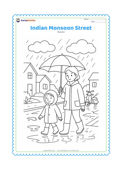 Colouring page: A quiet Indian street has a child in a raincoat walking beside an adult under an umbrella, with puddles reflecting simple houses, a parked scooter and leafy roadside plants. Include rain…