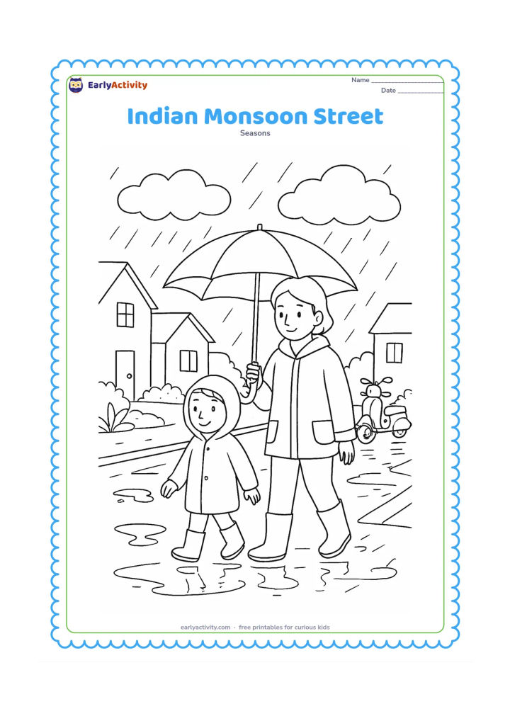Colouring page: A quiet Indian street has a child in a raincoat walking beside an adult under an umbrella, with puddles reflecting simple houses, a parked scooter and leafy roadside plants. Include rain…