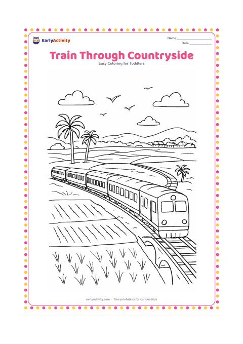 Colouring page: Draw a long passenger train crossing open countryside with several coaches, a curved track and a small railway bridge. Add rice fields, palm trees, a distant village and birds in the…