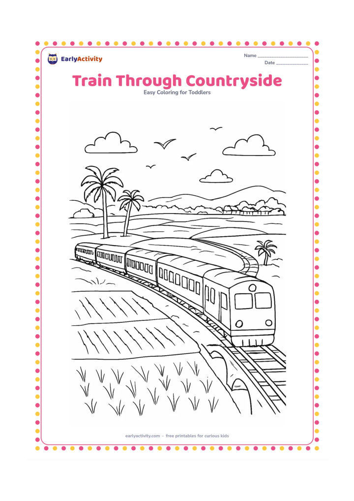 Colouring page: Draw a long passenger train crossing open countryside with several coaches, a curved track and a small railway bridge. Add rice fields, palm trees, a distant village and birds in the…