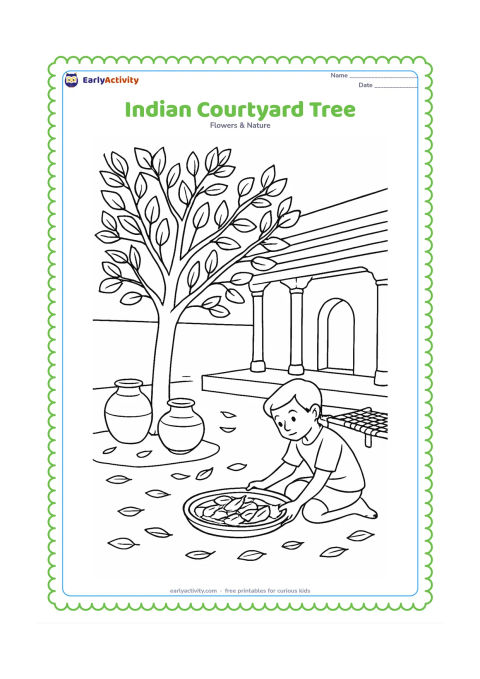Colouring page: A leafy tree grows in an Indian courtyard beside a veranda, clay pots, a woven charpai and a child observing fallen leaves in a shallow tray.