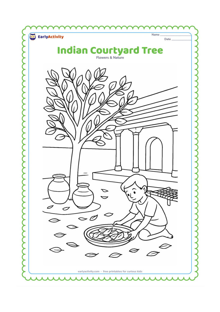 Colouring page: A leafy tree grows in an Indian courtyard beside a veranda, clay pots, a woven charpai and a child observing fallen leaves in a shallow tray.