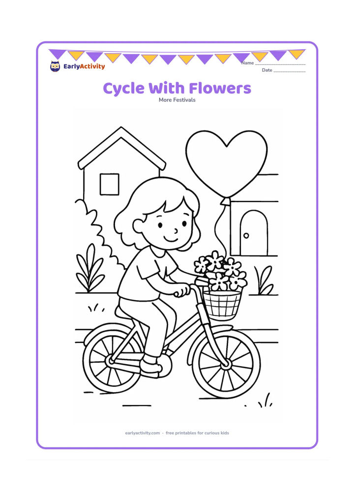 Colouring page: A child rides a bicycle with a basket full of flowers and a heart-shaped balloon tied to the handlebar, passing a simple Indian neighbourhood street with plants and a doorway.