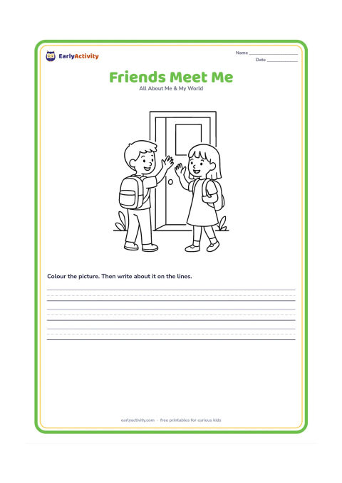 Worksheet: Two children meet at a school doorway, wave to each other and share a friendly smile. Show backpacks, a classroom door and a few plants, with no signs or writing.