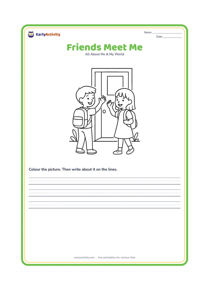 Worksheet: Two children meet at a school doorway, wave to each other and share a friendly smile. Show backpacks, a classroom door and a few plants, with no signs or writing.