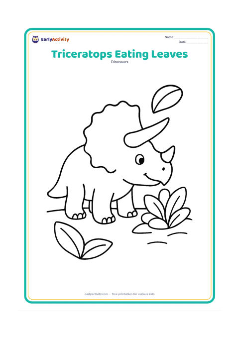 Colouring page: A friendly triceratops bending its head toward a low leafy bush and eating leaves. Include a few large leaves and smooth ground lines.
