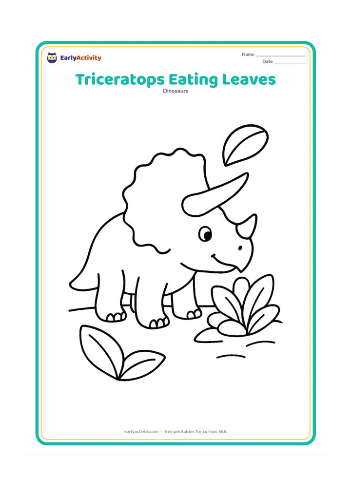 Colouring page: A friendly triceratops bending its head toward a low leafy bush and eating leaves. Include a few large leaves and smooth ground lines.
