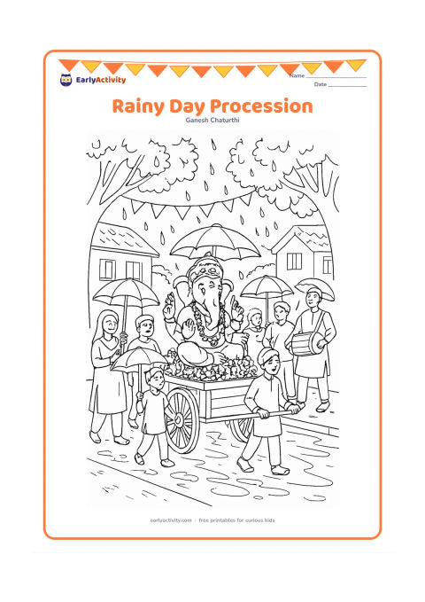 Colouring page: A respectful Ganesh Chaturthi procession moves along a tree-lined Indian street in light rain, with a flower-covered Ganesha idol on a cart, umbrellas, musicians and puddle reflections.…