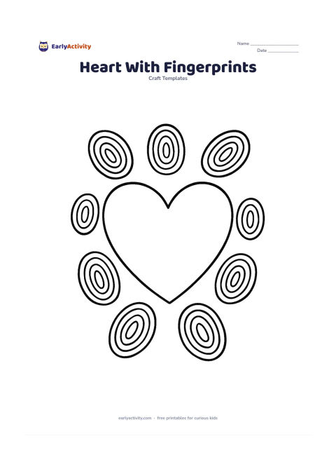 Worksheet: Draw a large empty heart surrounded by several oversized oval fingerprint-style shapes arranged along the sides and bottom. The heart itself must remain blank for children to add their…