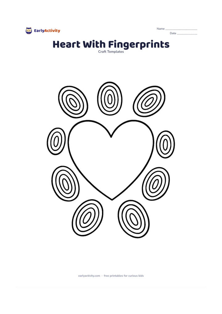 Worksheet: Draw a large empty heart surrounded by several oversized oval fingerprint-style shapes arranged along the sides and bottom. The heart itself must remain blank for children to add their…