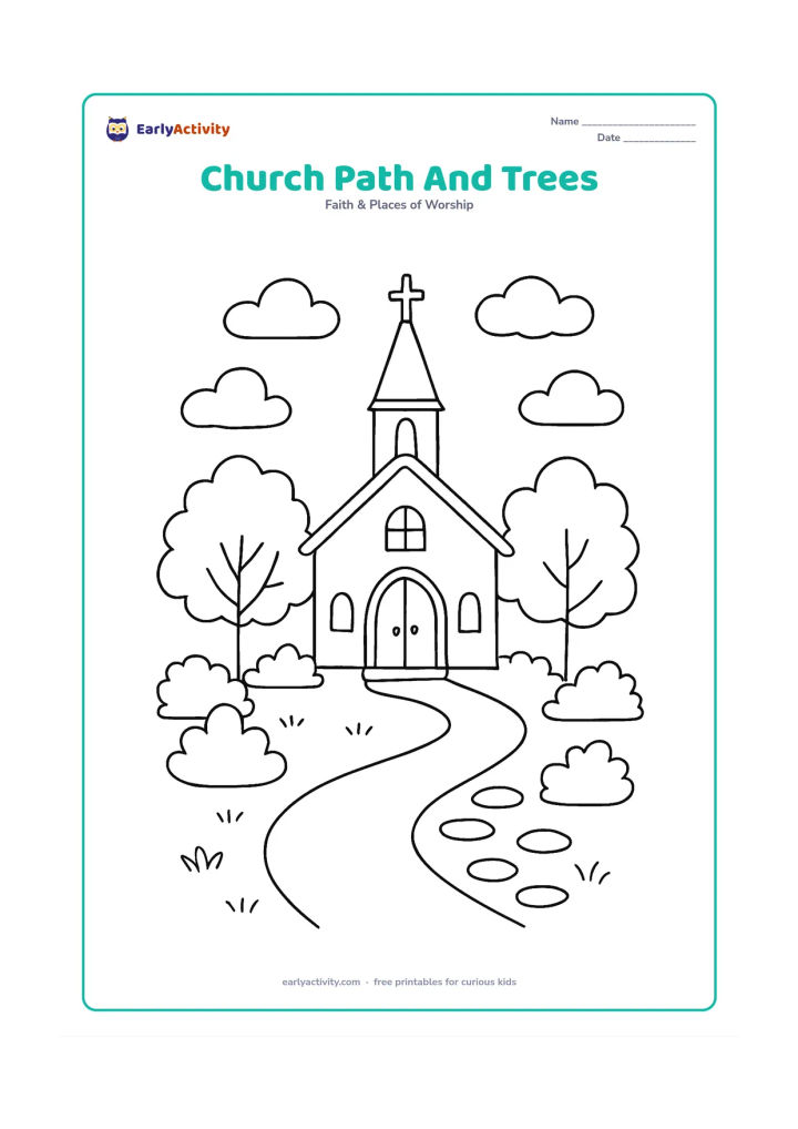 Colouring page: A welcoming church stands at the end of a winding path bordered by trees, shrubs, and stepping stones, with a steeple, cross, arched door, and clouds.