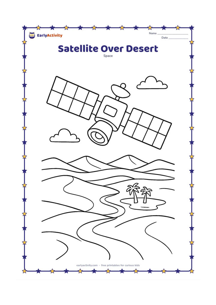 Colouring page: Draw an observation satellite above a desert landscape with dunes, a winding track, a small oasis, and a distant mountain ridge. The satellite should have a camera aimed toward the…