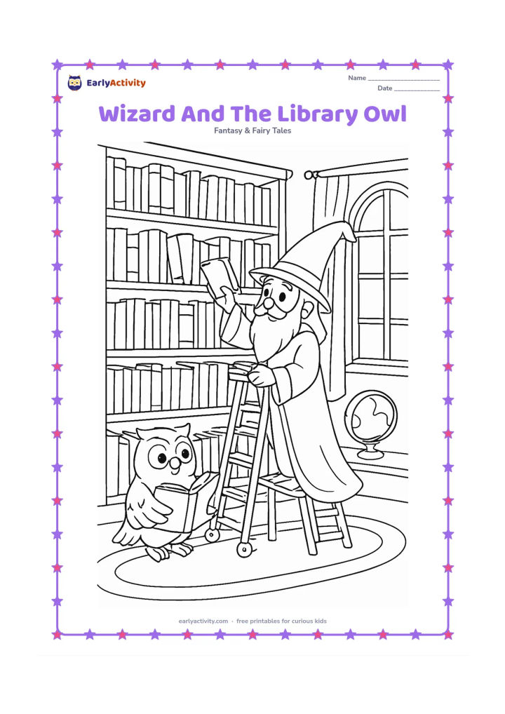 Colouring page: A wizard and a friendly owl organise a tall fantasy library, with the owl carrying a book and the wizard placing another on a rolling ladder. Show packed shelves of varied blank-spined…