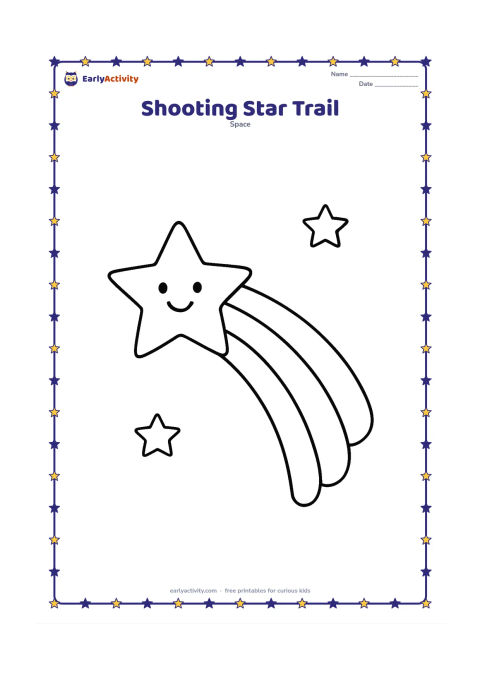 Colouring page: One large five-pointed shooting star travels diagonally across the page with a short trail of three broad curved bands. Add two small stars in the background.