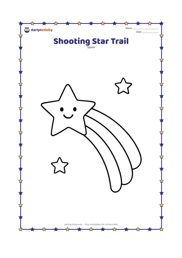 Colouring page: One large five-pointed shooting star travels diagonally across the page with a short trail of three broad curved bands. Add two small stars in the background.
