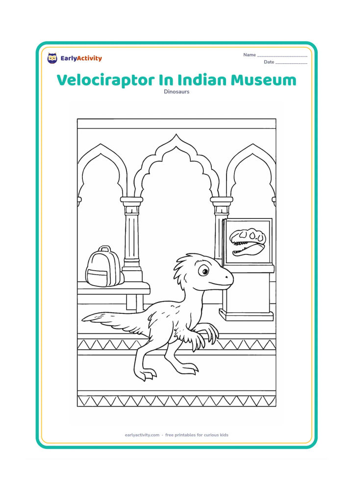 Colouring page: A small feathered velociraptor walks through a museum gallery with Indian-inspired arches, patterned floor borders, carved columns, and a fossil slab in a display case. Include a simple…
