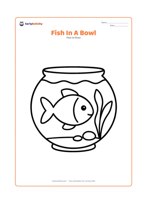 Worksheet: Show one large simple fish inside a round glass bowl with a curved water line, two pebbles, and one broad water plant. Use only clear, bold shapes.