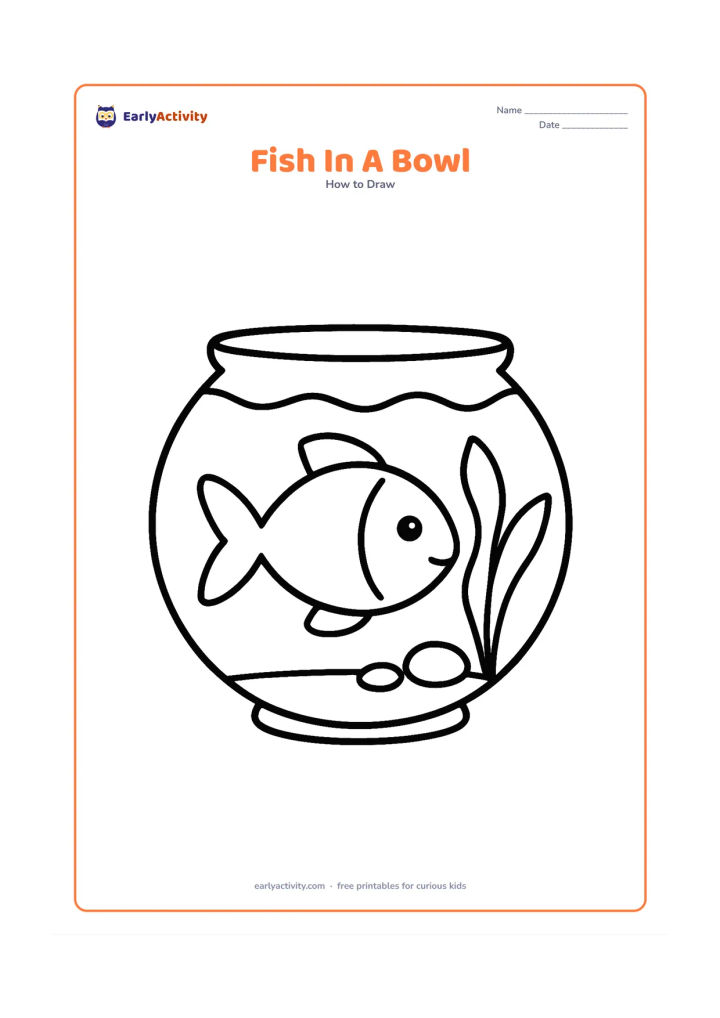 Worksheet: Show one large simple fish inside a round glass bowl with a curved water line, two pebbles, and one broad water plant. Use only clear, bold shapes.