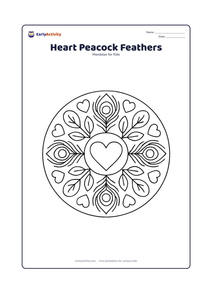 Colouring page: Draw a circular mandala with a central heart surrounded by four peacock feathers, followed by alternating feather eyes, leaves, and hearts. Keep the feather eyes decorative but open and…