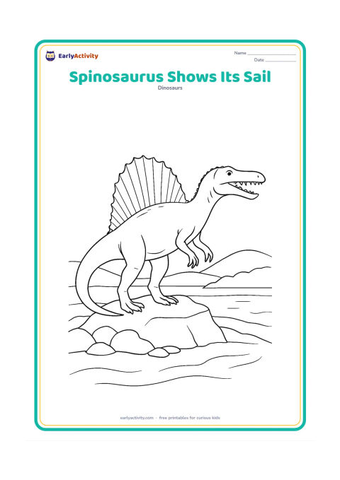 Colouring page: A Spinosaurus stands in profile on a rocky rise, presenting its complete tall sail, long narrow snout, cone-shaped teeth and sweeping tail. Place a river and low hills behind it.