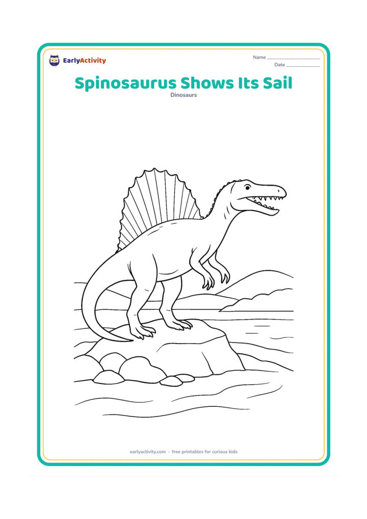 Colouring page: A Spinosaurus stands in profile on a rocky rise, presenting its complete tall sail, long narrow snout, cone-shaped teeth and sweeping tail. Place a river and low hills behind it.