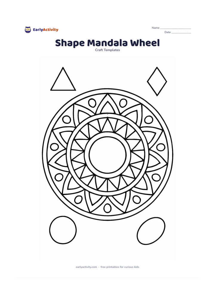 Worksheet: Draw a large symmetrical wheel made from concentric circles, repeated triangles, diamonds, ovals and semicircles, with a small selection of matching loose shapes around the outside. Keep…
