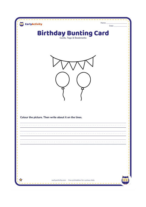 Worksheet: Draw a string of five large triangular bunting flags across the upper half of the card, with two large balloons below. Leave the flags completely blank for colouring.
