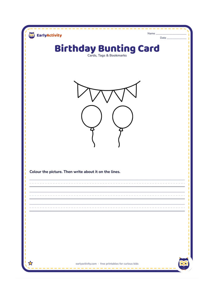 Worksheet: Draw a string of five large triangular bunting flags across the upper half of the card, with two large balloons below. Leave the flags completely blank for colouring.