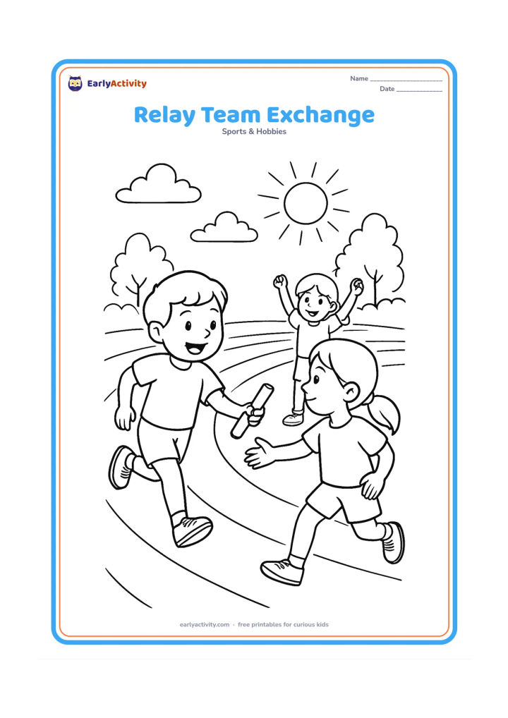 Colouring page: Two young runners pass a relay baton to each other on an outdoor track while a third teammate cheers nearby. Include lane curves, a small stand of trees and a bright sky.
