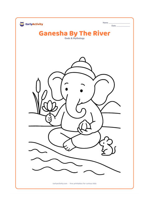 Colouring page: Lord Ganesha sits beside a calm river with one foot near the water, holding a lotus and a modak. Include rounded river waves, a small mouse, two reeds and a low hill.
