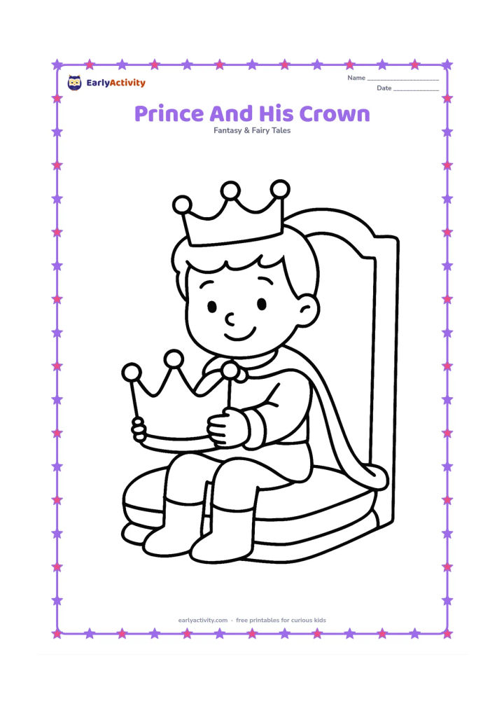Colouring page: A cheerful prince sits on a cushion while holding his large crown in both hands. Show his simple royal tunic, cape, and a plain throne behind him.