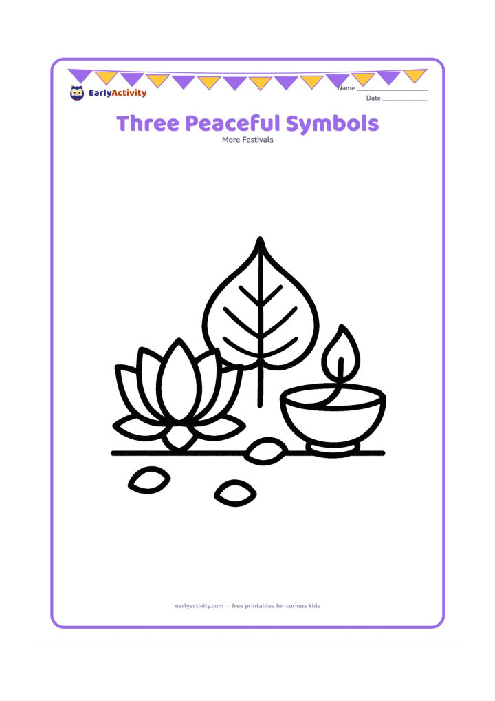 Colouring page: Arrange a large lotus, a Bodhi leaf and a small oil lamp in a balanced row on a plain ground line. Add a few rounded petals around the objects.