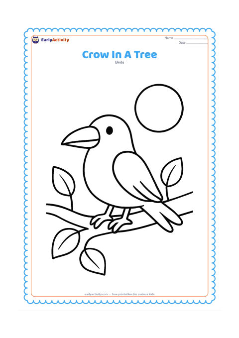 Colouring page: A single crow sits on one broad tree branch with a few large leaves and a round sun in the background.