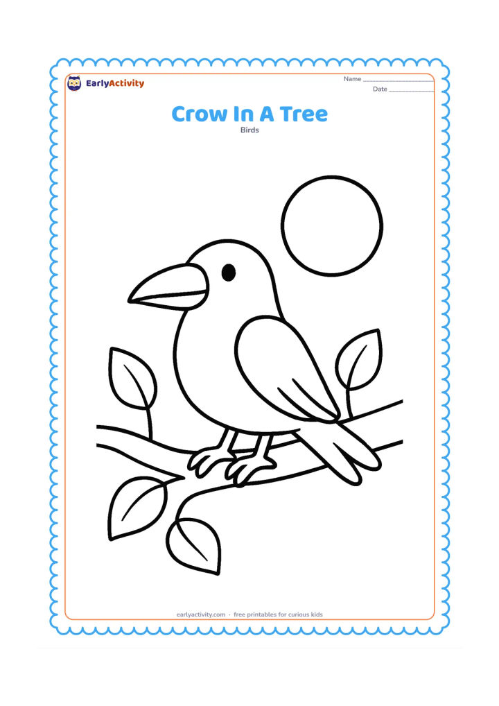 Colouring page: A single crow sits on one broad tree branch with a few large leaves and a round sun in the background.