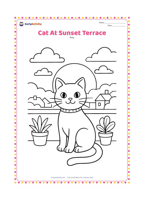 Colouring page: Draw a cat sitting on a terrace at sunset, with a low parapet, potted plants, distant rooftops, clouds, and a large setting sun. Include the cat's whiskers, paws, tail, and a patterned…