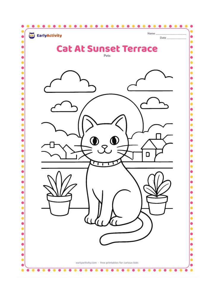 Colouring page: Draw a cat sitting on a terrace at sunset, with a low parapet, potted plants, distant rooftops, clouds, and a large setting sun. Include the cat's whiskers, paws, tail, and a patterned…